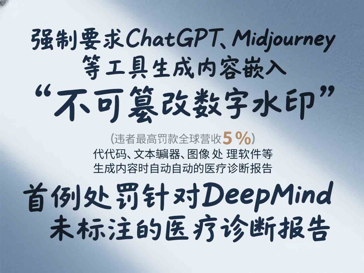 强制要求ChatGPT、Midjourney等工具生成内容嵌入“不可篡改数字水印”，违者最高罚款全球营收5%，首例处罚针对DeepMind未标注的医疗诊断报告。_副本