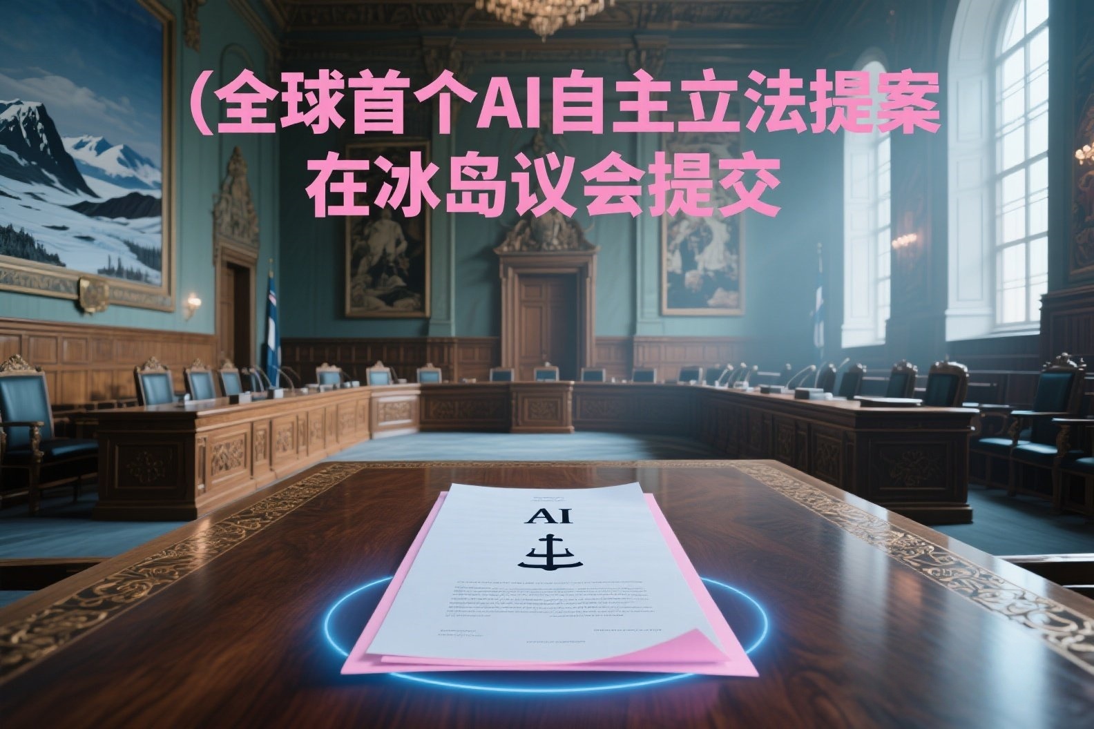 jimeng-2025-05-24-89-我需要关于AI的照片，照片上写有“全球首个AI自主立法提案在冰岛议会提交”，美观一点的照片_副本