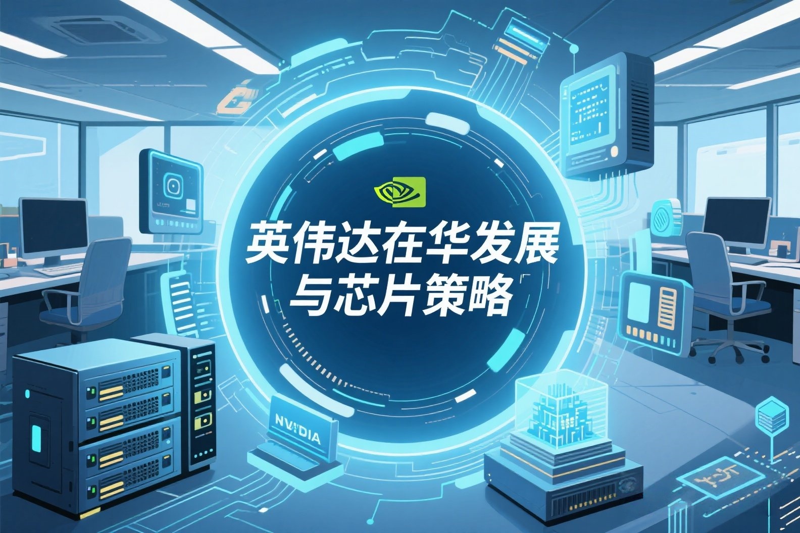 jimeng-2025-05-24-74-我需要关于AI的照片，照片上写有“英伟达在华发展与芯片策略”，美观一点的照片_副本