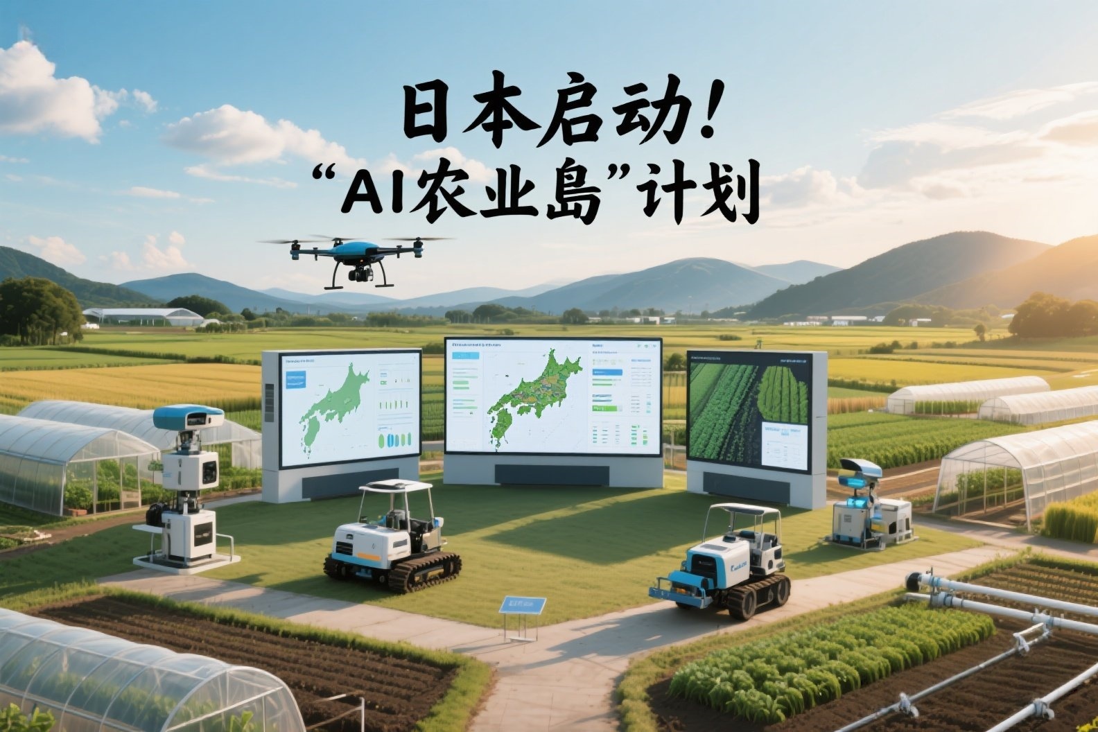 jimeng-2025-05-24-82-我需要关于AI的照片，照片上写有“日本启动“AI农业岛”计划”，美观一点的照片_副本