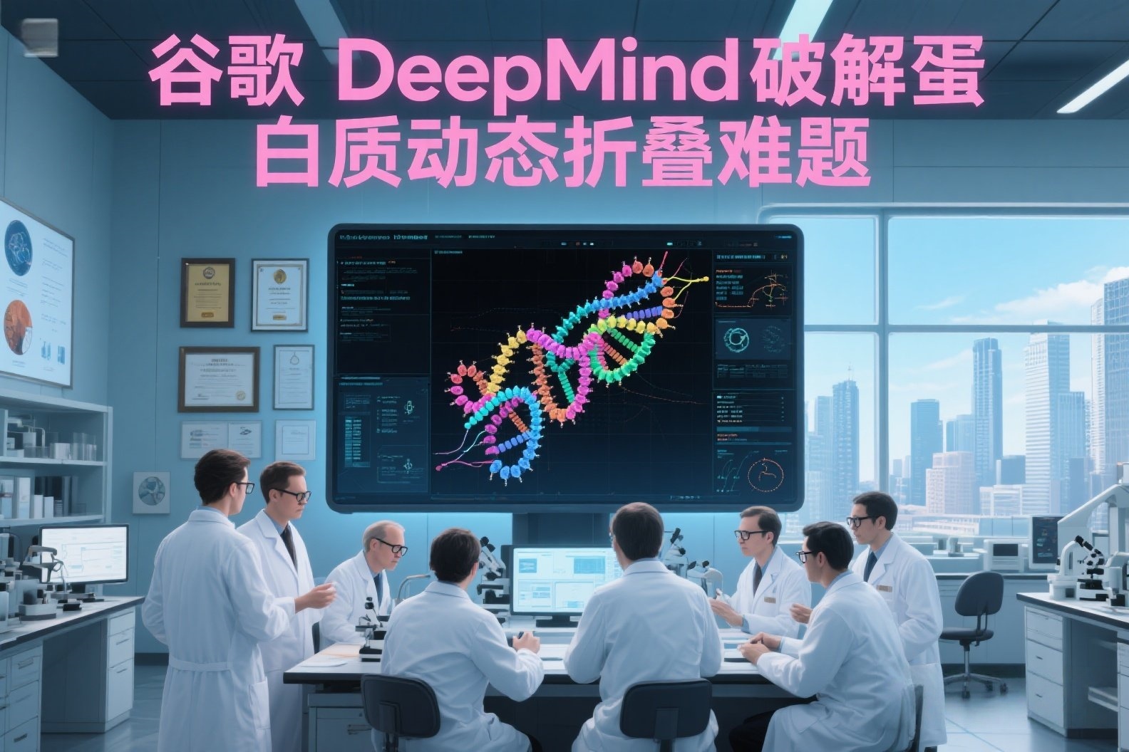 jimeng-2025-05-24-81-我需要关于AI的照片，照片上写有“谷歌DeepMind破解蛋白质动态折叠难题”，美观一点的照片_副本