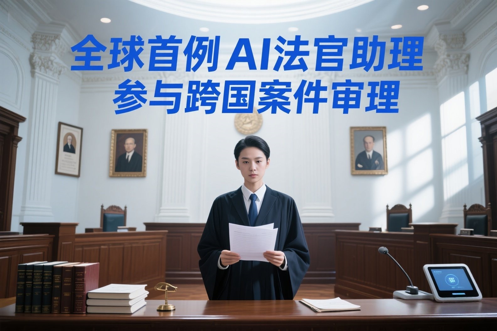 jimeng-2025-05-24-80-我需要关于AI的照片，照片上写有“全球首例AI法官助理参与跨国案件审理”，美观一点的照片_副本