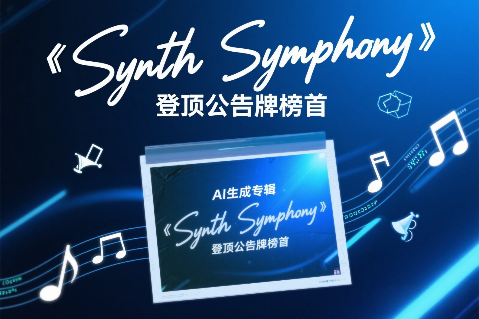 jimeng-2025-05-24-85-我需要关于AI的照片，照片上写有“AI生成专辑《Synth Symphony》登顶公告牌榜首”，美观一点的照片_副本